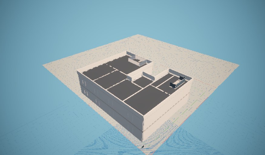 A residential model generated inside Dhruvr Studio: perimeter and internal walls, floor slabs across several rooms, and openings, standing on a plot with its survey grid.